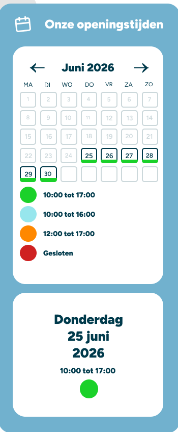 Kalender met de openingstijden van juni 2026. Het park is meestal van 10:00 tot 17:00 uur open, sommige dagen van 10:00 tot 16:00 of van 12:00 tot 17:00 uur, en op gesloten dagen dicht. Bel of mail ons voor de exacte openingstijden per dag.